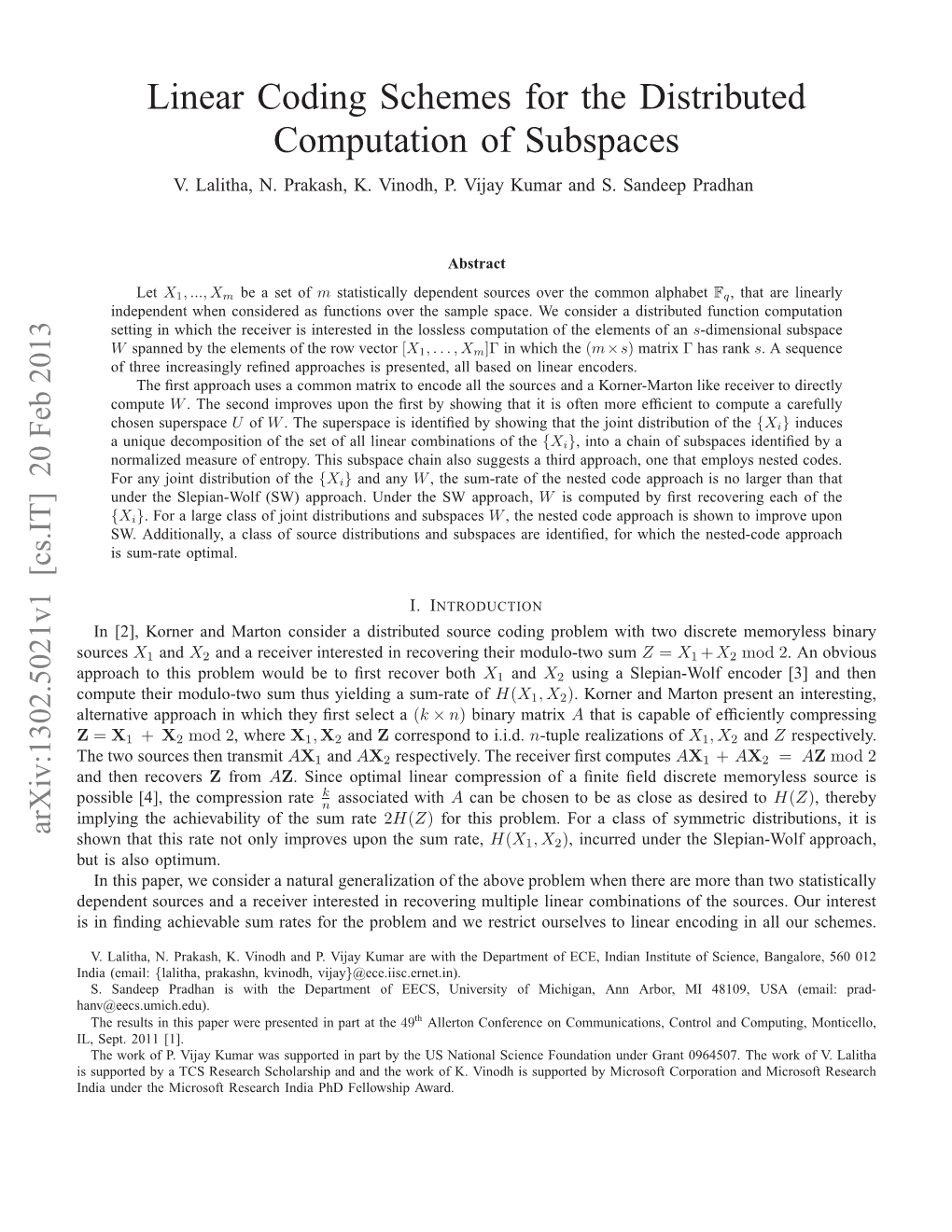 Linear Coding Schemes for the Distributed Computation of Subspaces