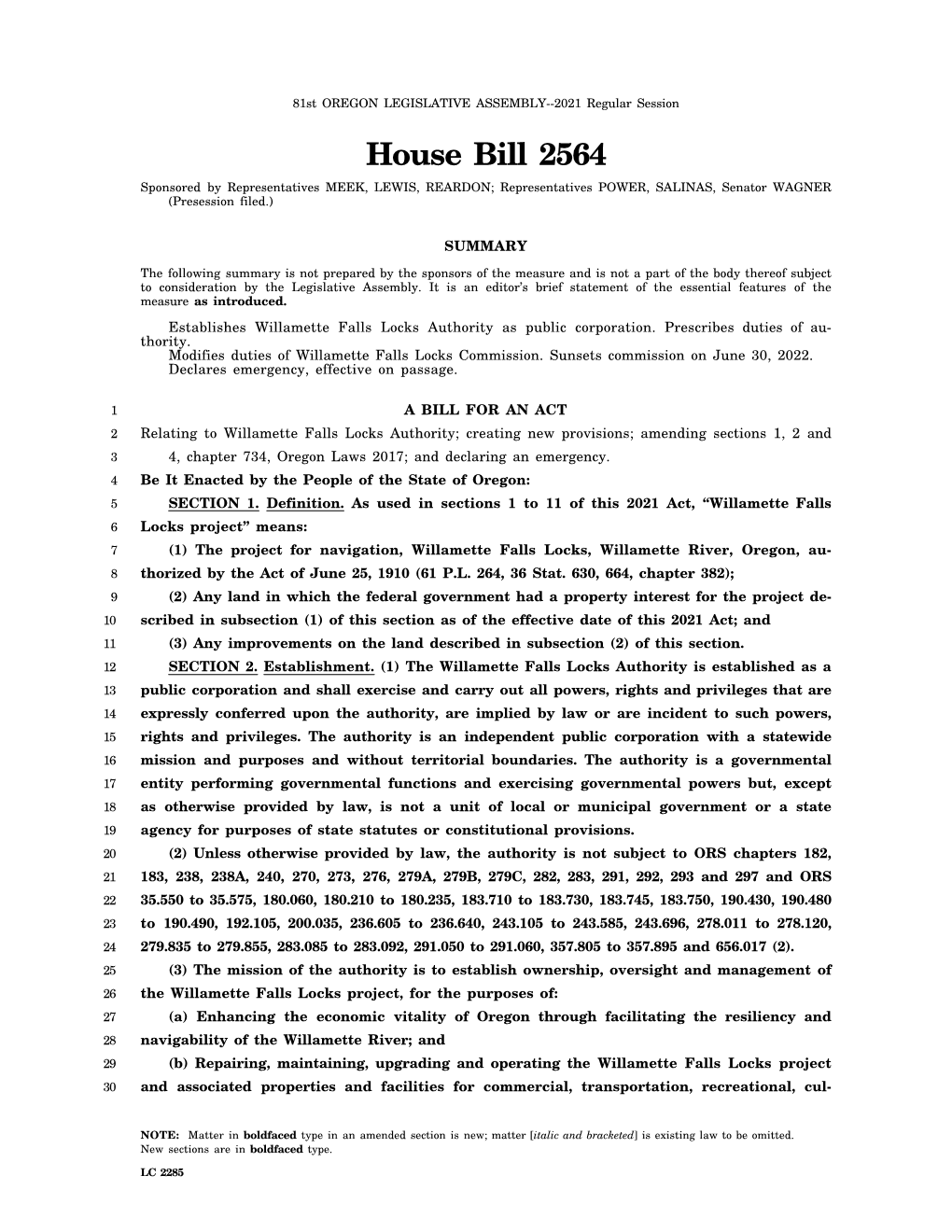 House Bill 2564 Sponsored by Representatives MEEK, LEWIS, REARDON; Representatives POWER, SALINAS, Senator WAGNER (Presession Filed.)