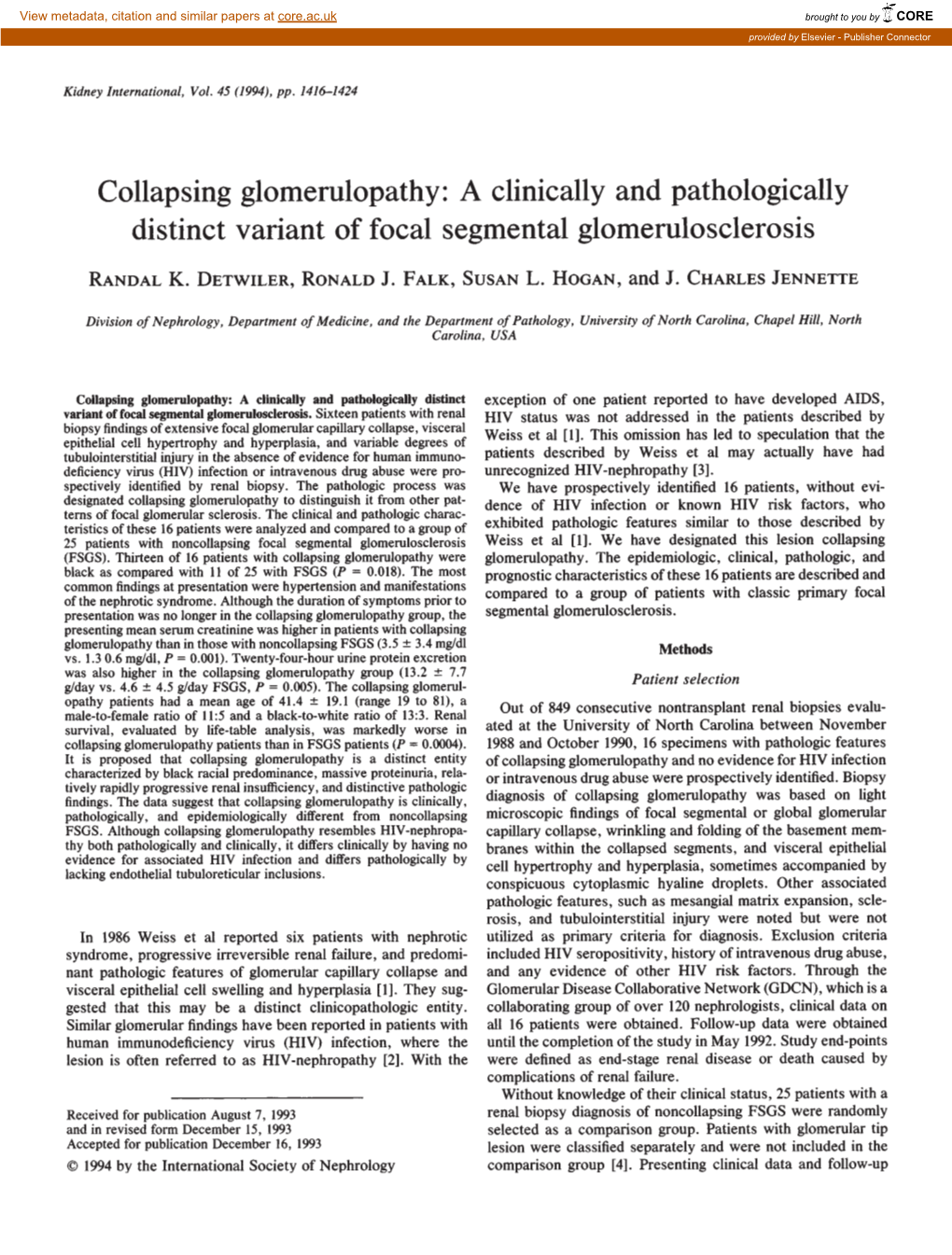 Collapsing Glomerulopathy: a Clinically and Pathologically Distinct Variant of Focal Segmental Glomeruloscierosis