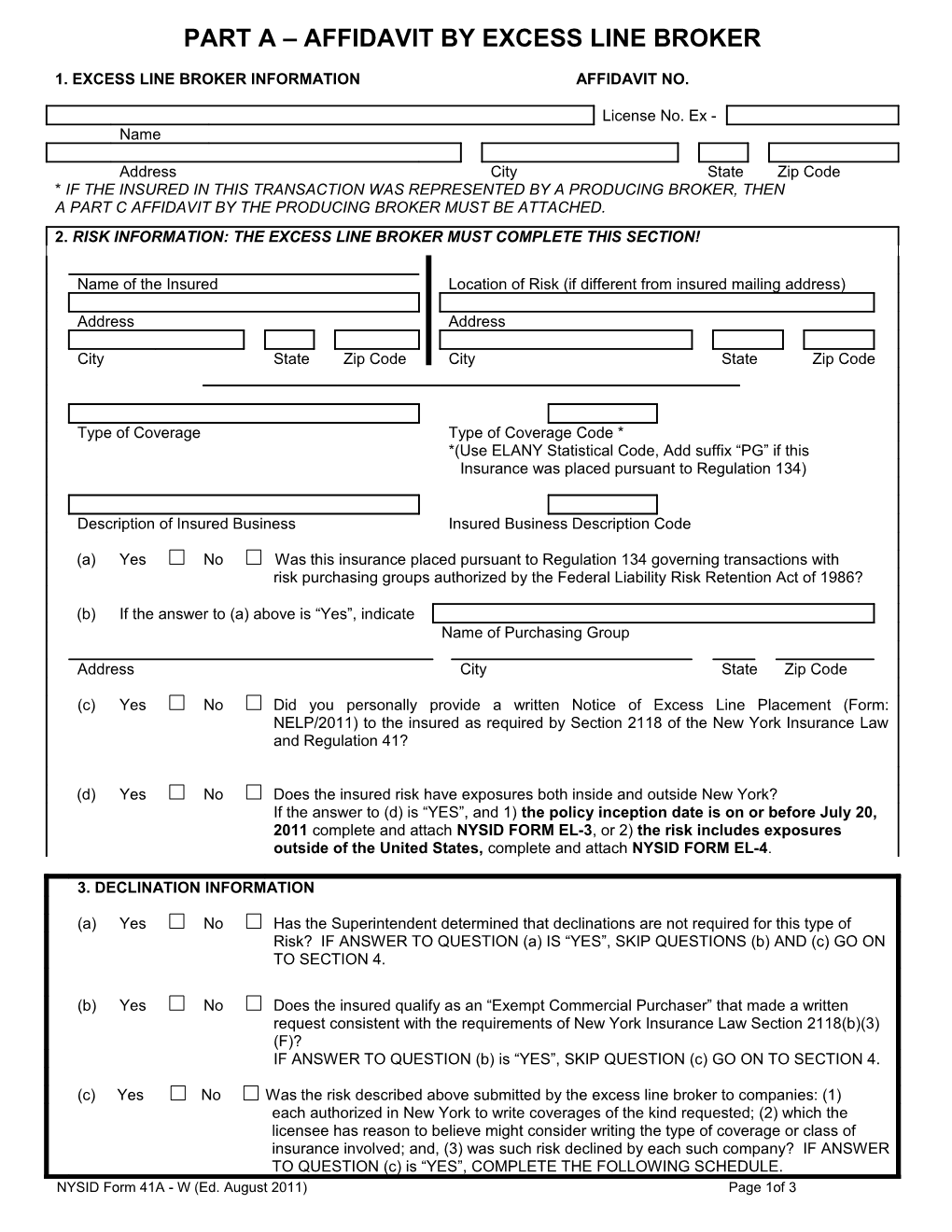 Part a Affidavit by Excess Line Broker