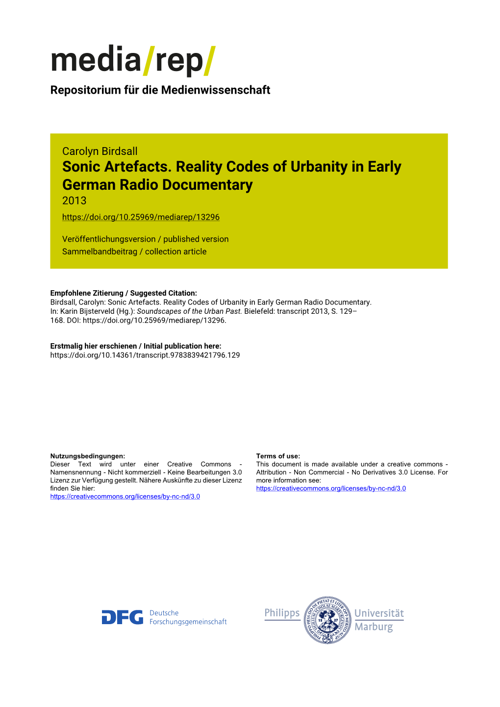 Sonic Artefacts. Reality Codes of Urbanity in Early German Radio Documentary 2013