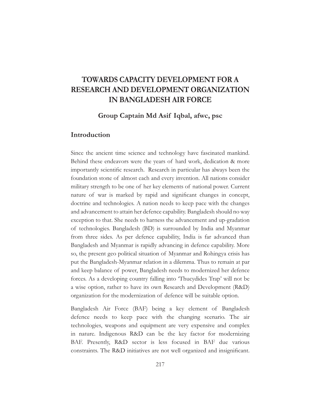 Towards Capacity Development for a Research and Development Organization in Bangladesh Air Force