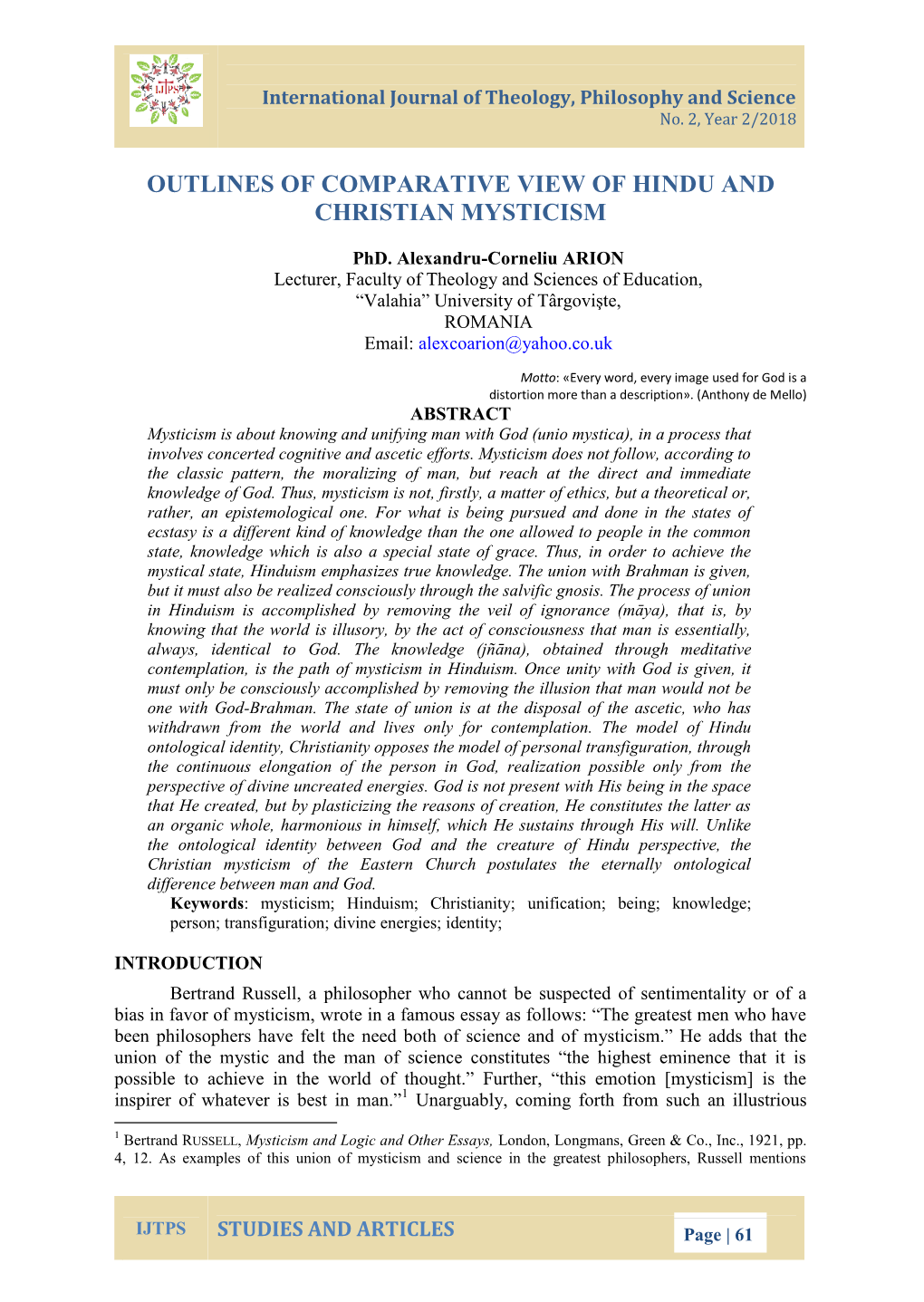 Outlines of Comparative View of Hindu and Christian Mysticism