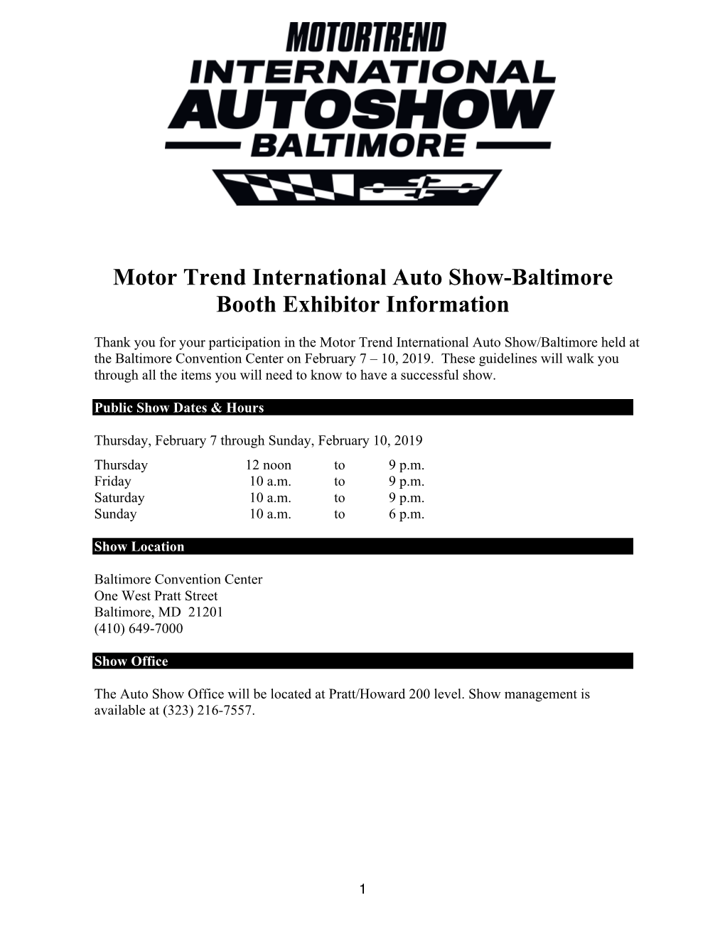 Motor Trend International Auto Show-Baltimore Booth Exhibitor Information