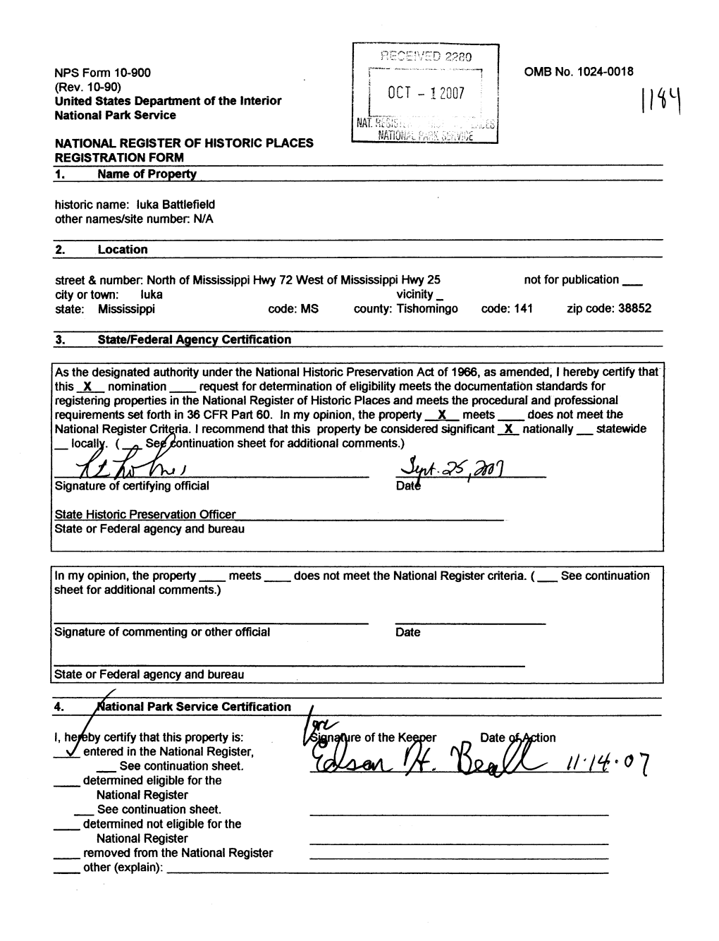 OCT -12007 National Park Service NATIONAL K,;:Ik C&Ivlcc NATIONAL REGISTER of HISTORIC PLACES REGISTRATION FORM 1