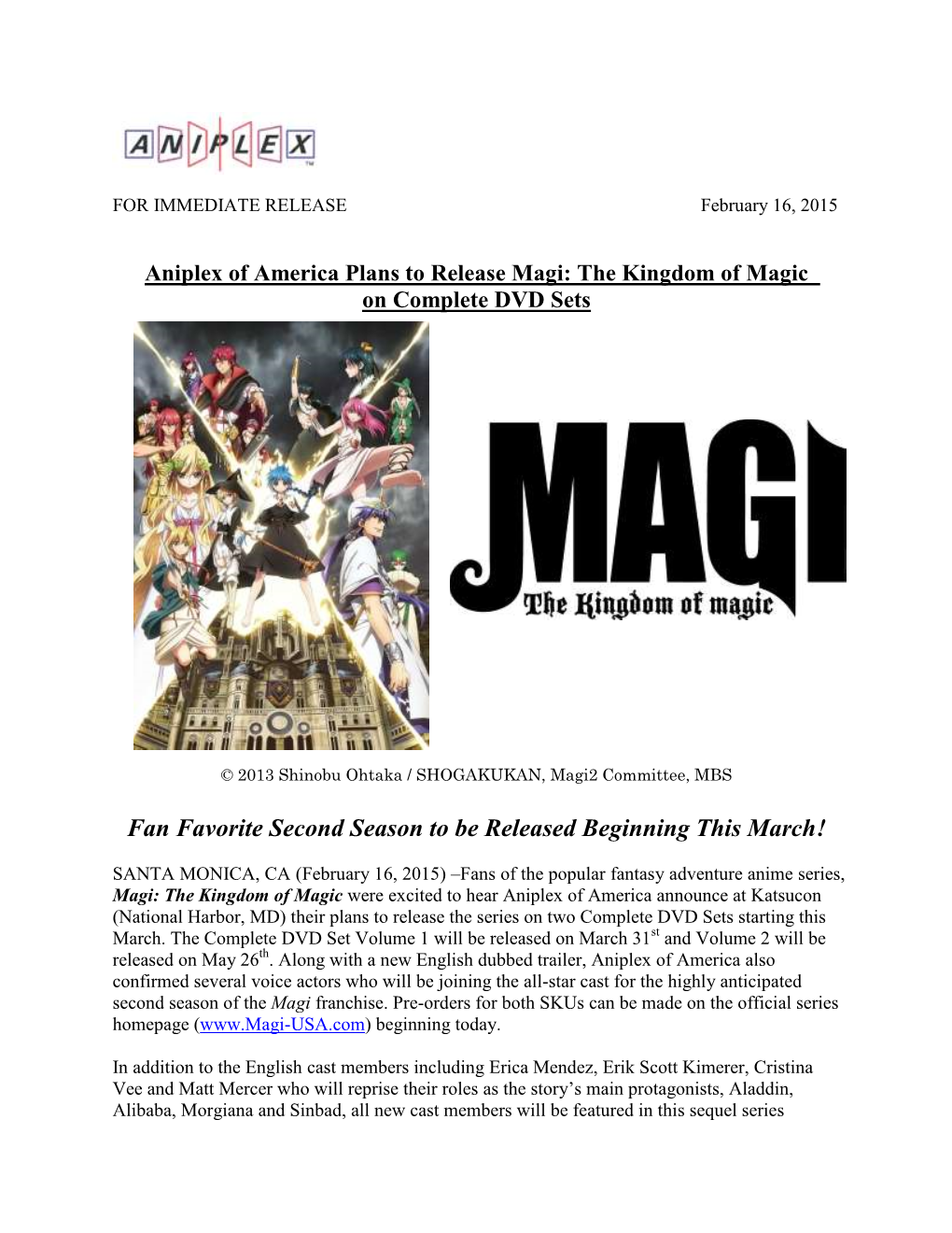 Aniplex of America Plans to Release Magi: the Kingdom of Magic on Complete DVD Sets