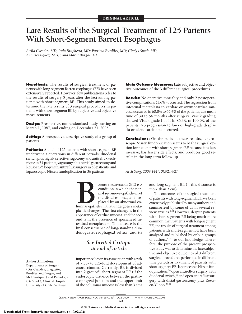 Late Results of the Surgical Treatment of 125 Patients with Short-Segment Barrett Esophagus
