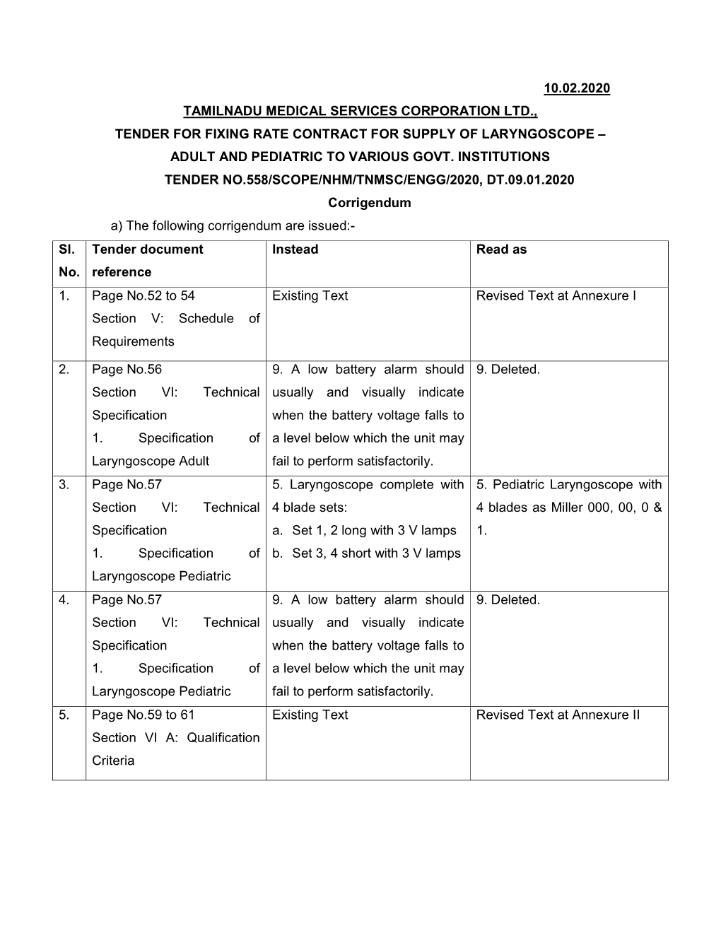 10.02.2020 Tamilnadu Medical Services Corporation Ltd., Tender for Fixing Rate Contract for Supply of Laryngoscope – Adult and Pediatric to Various Govt