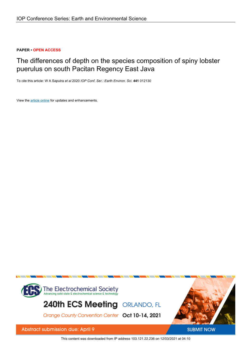 The Differences of Depth on the Species Composition of Spiny Lobster Puerulus on South Pacitan Regency East Java