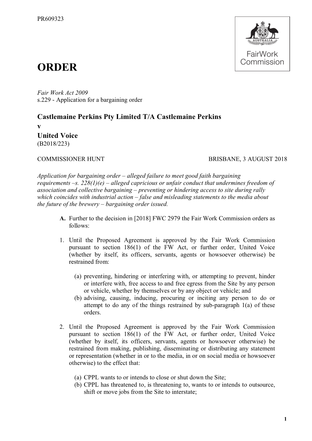 Castlemaine Perkins Pty Limited T/A Castlemaine Perkins V United Voice (B2018/223)