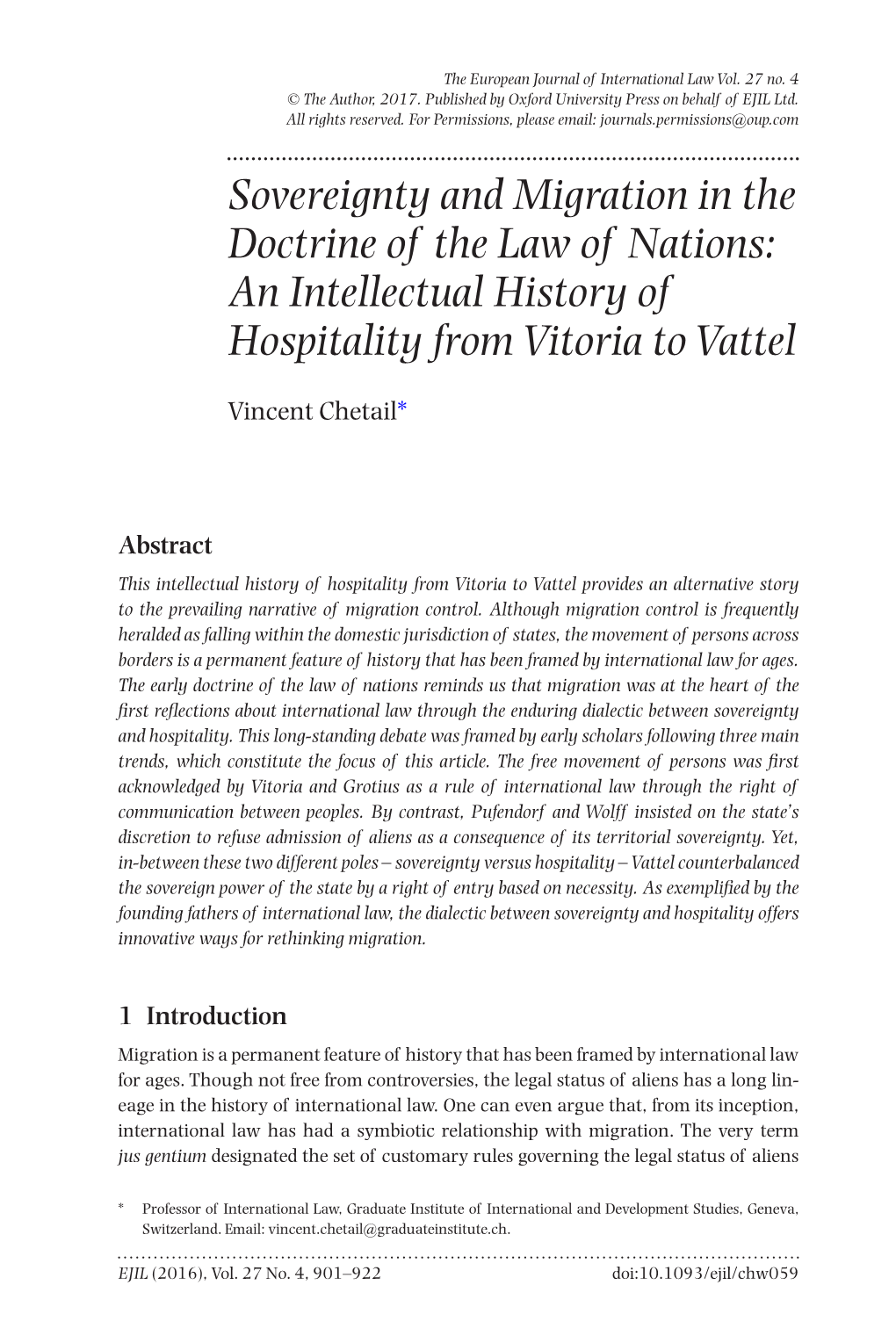 Sovereignty and Migration in the Doctrine of the Law of Nations: an Intellectual History of Hospitality from Vitoria to Vattel