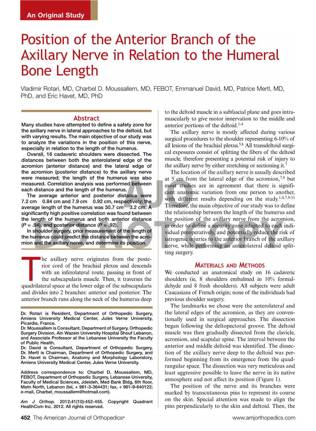 Position of the Anterior Branch of the Axillary Nerve in Relation to the Humeral Bone Length Anterior Distance (Mm) Posterior Distance (Mm)