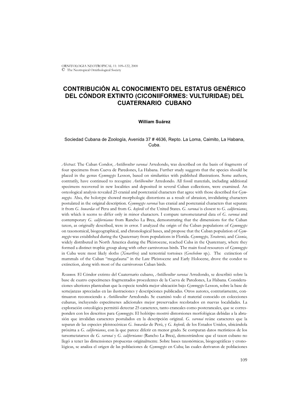 Contribución Al Conocimiento Del Estatus Genérico Del Cóndor Extinto (Ciconiiformes: Vulturidae) Del Cuaternario Cubano