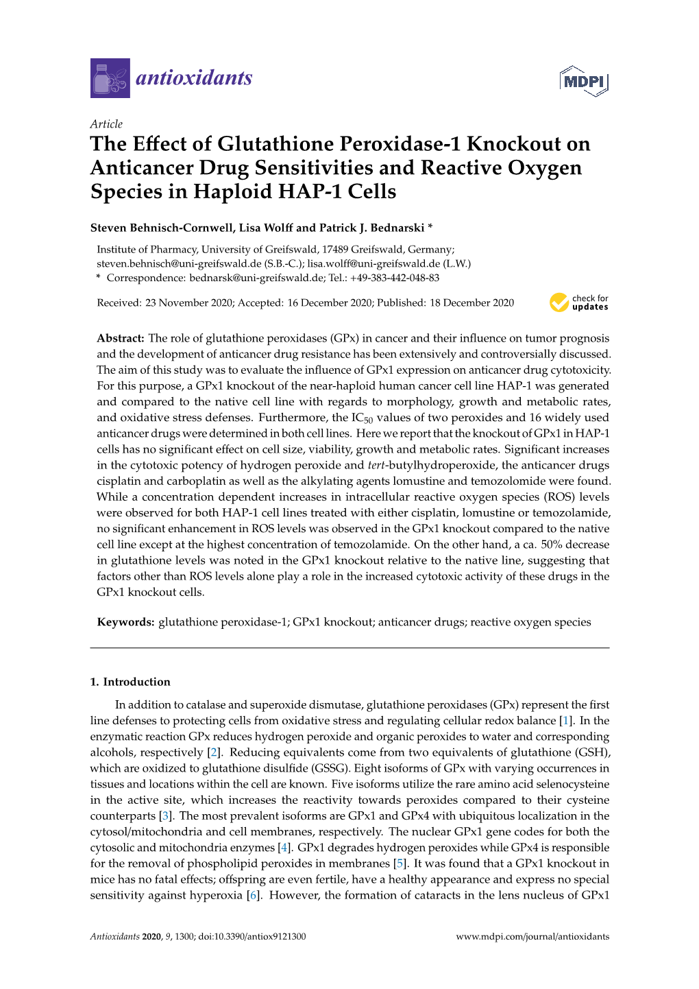 The Effect of Glutathione Peroxidase-1 Knockout On