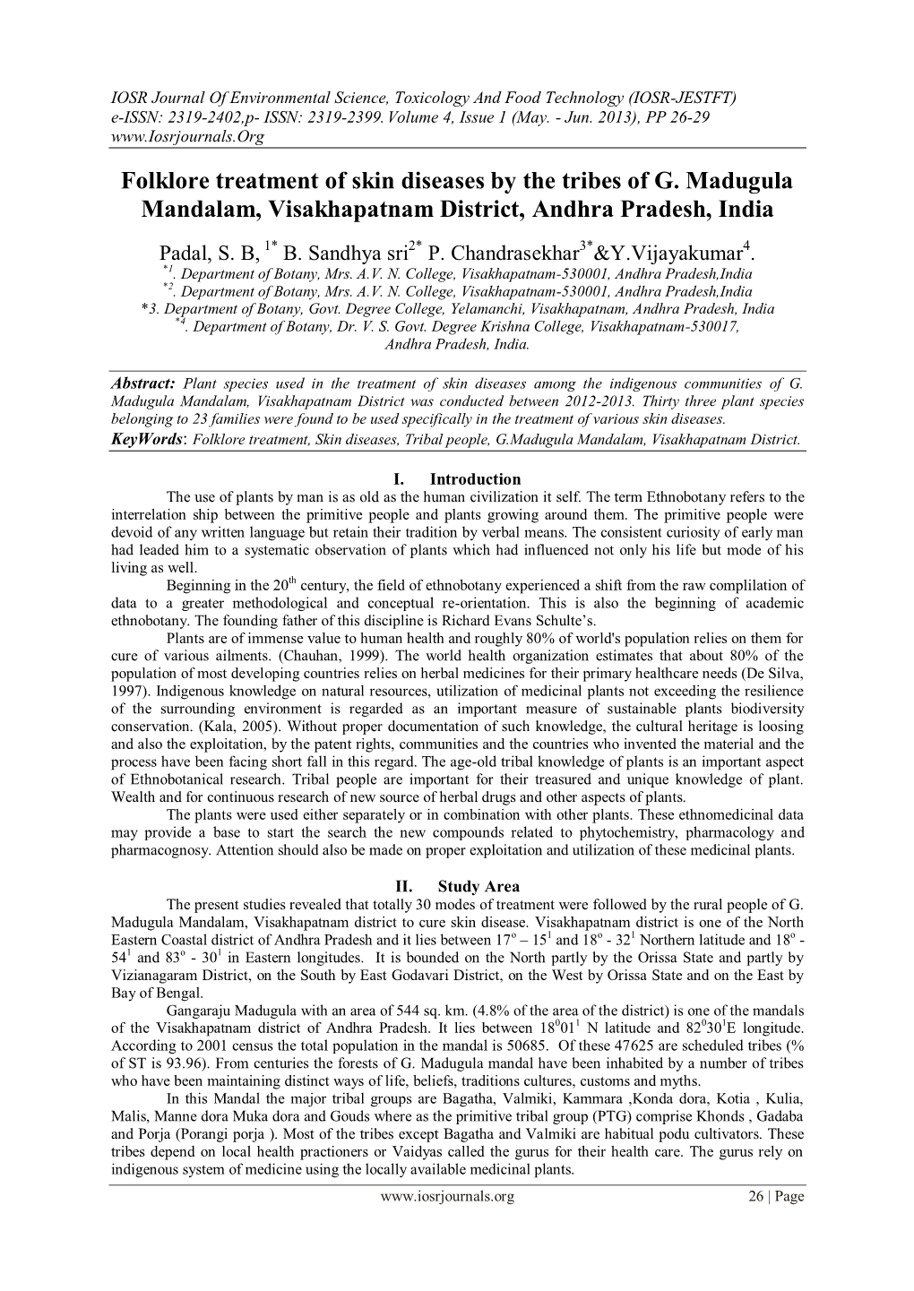 Folklore Treatment of Skin Diseases by the Tribes of G. Madugula Mandalam, Visakhapatnam District, Andhra Pradesh, India