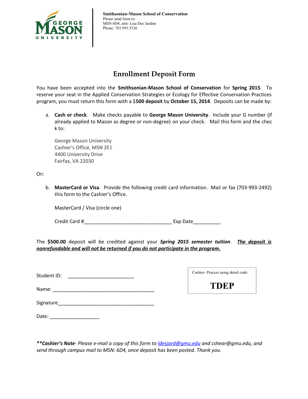 Enrollment Deposit Form