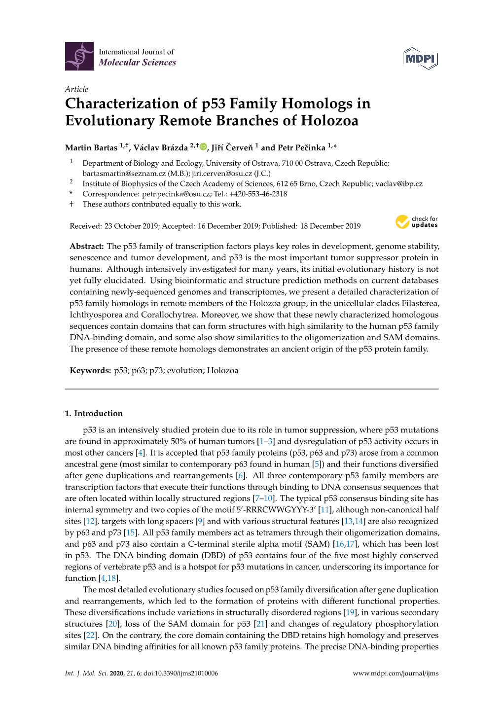 Characterization of P53 Family Homologs in Evolutionary Remote Branches of Holozoa