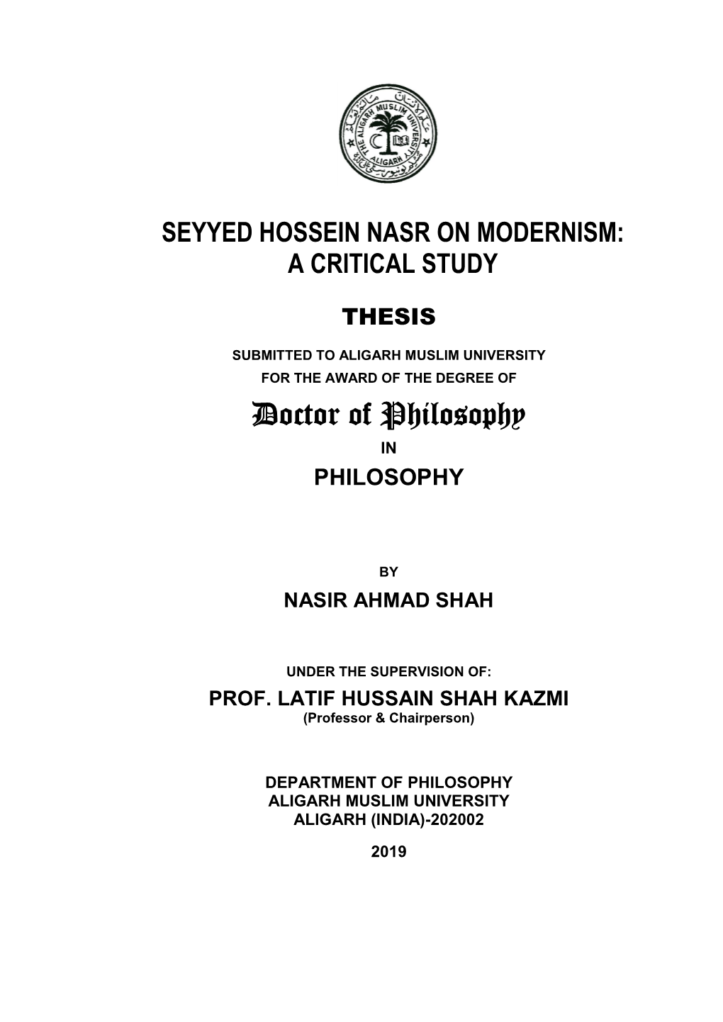 Seyyed Hossein Nasr on Modernism: a Critical Study