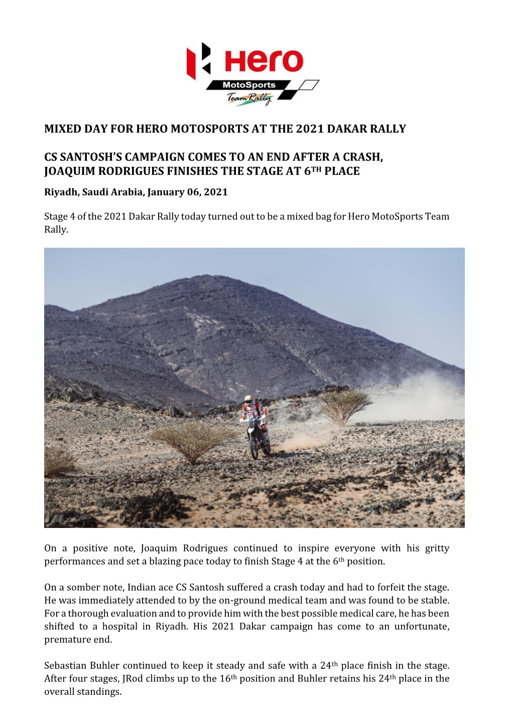 Mixed Day for Hero Motosports at the 2021 Dakar Rally