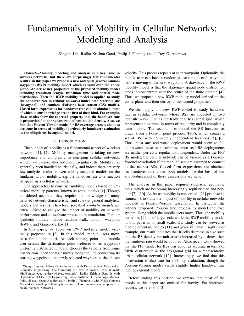 Fundamentals of Mobility in Cellular Networks: Modeling and Analysis