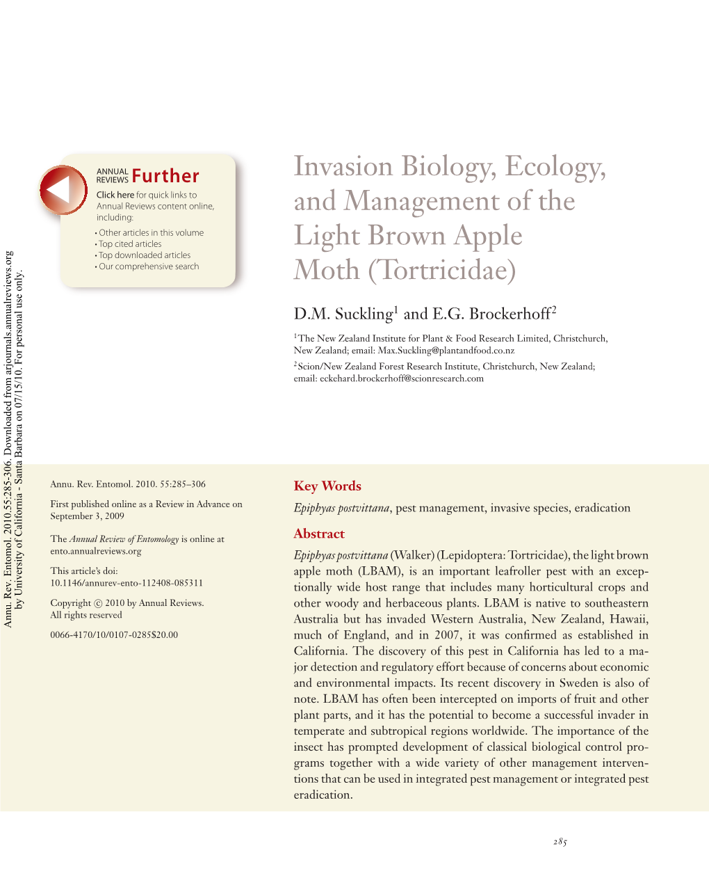 Invasion Biology, Ecology, and Management of the Light Brown Apple Moth (Tortricidae)
