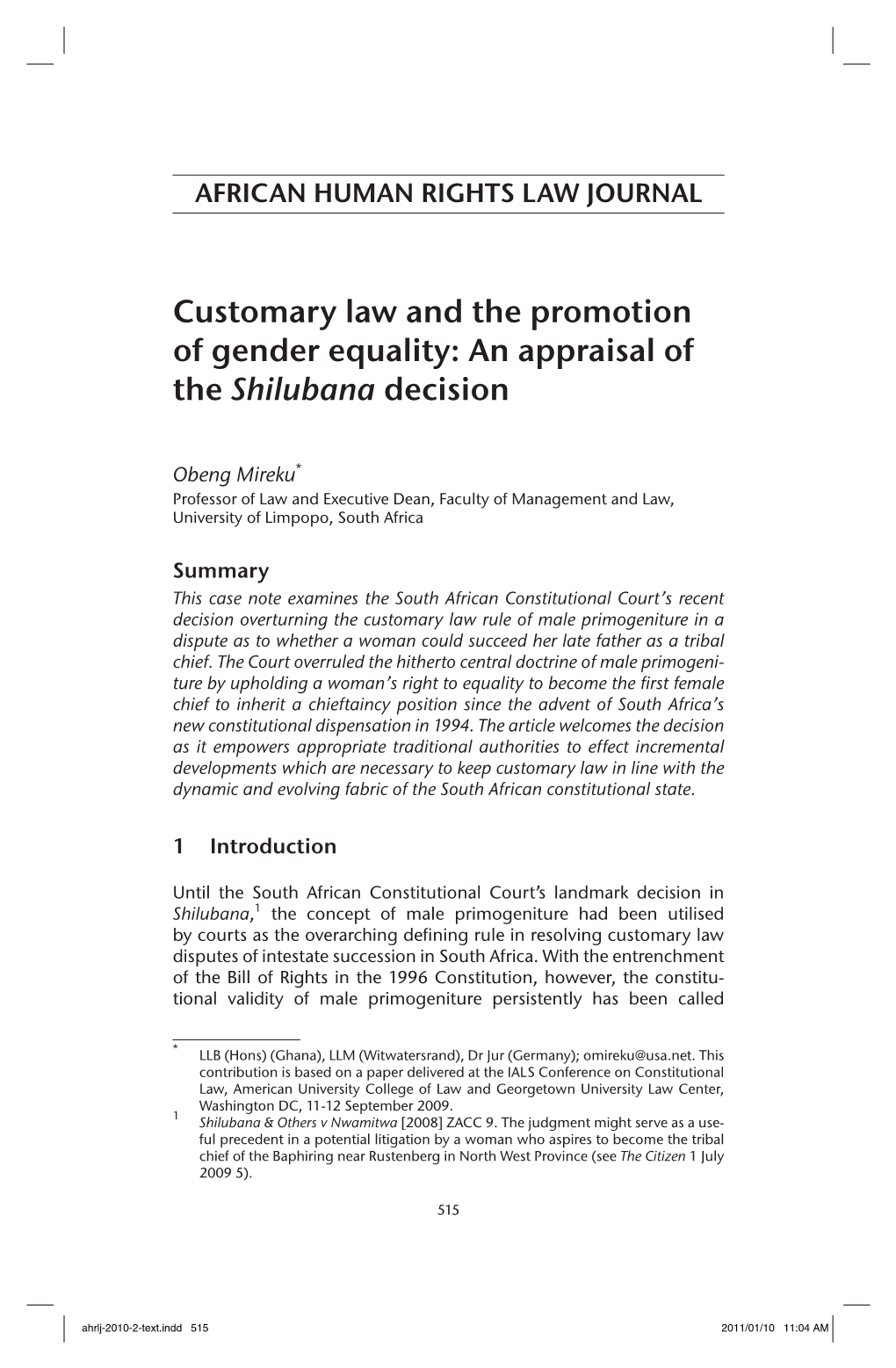 Customary Law and the Promotion of Gender Equality: an Appraisal of the Shilubana Decision