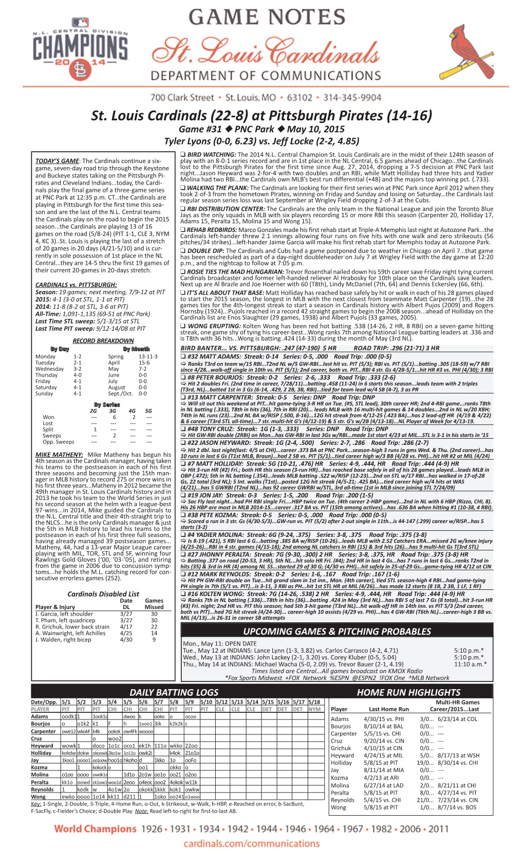 At Pittsburgh Pirates (14-16) Game #31 N PNC Park N May 10, 2015 Tyler Lyons (0-0, 6.23) Vs