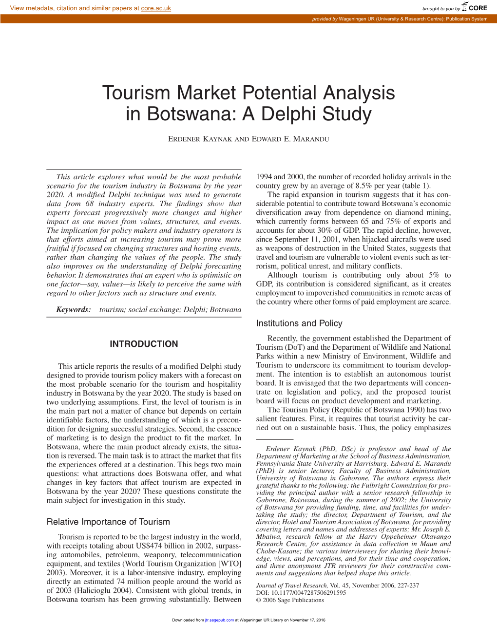 Tourism Market Potential Analysis in Botswana: a Delphi Study