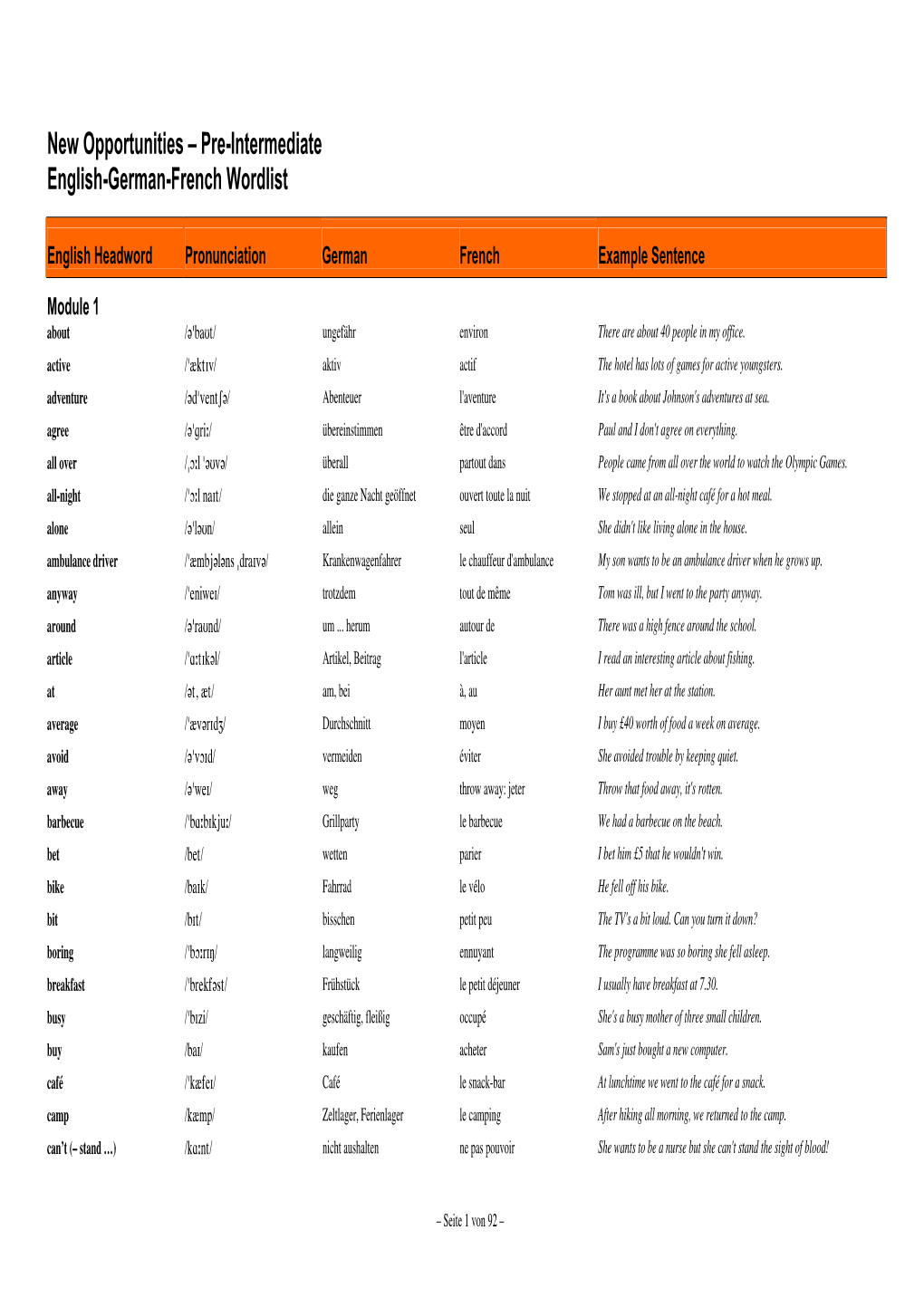 New Opportunities – Pre-Intermediate English-German-French Wordlist