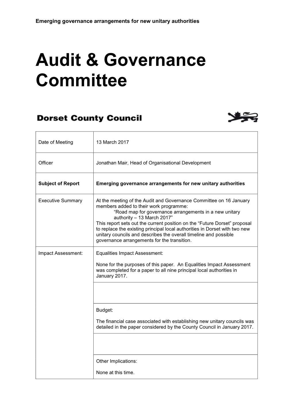 Emerging Governance Arrangements for New Unitary Authorities