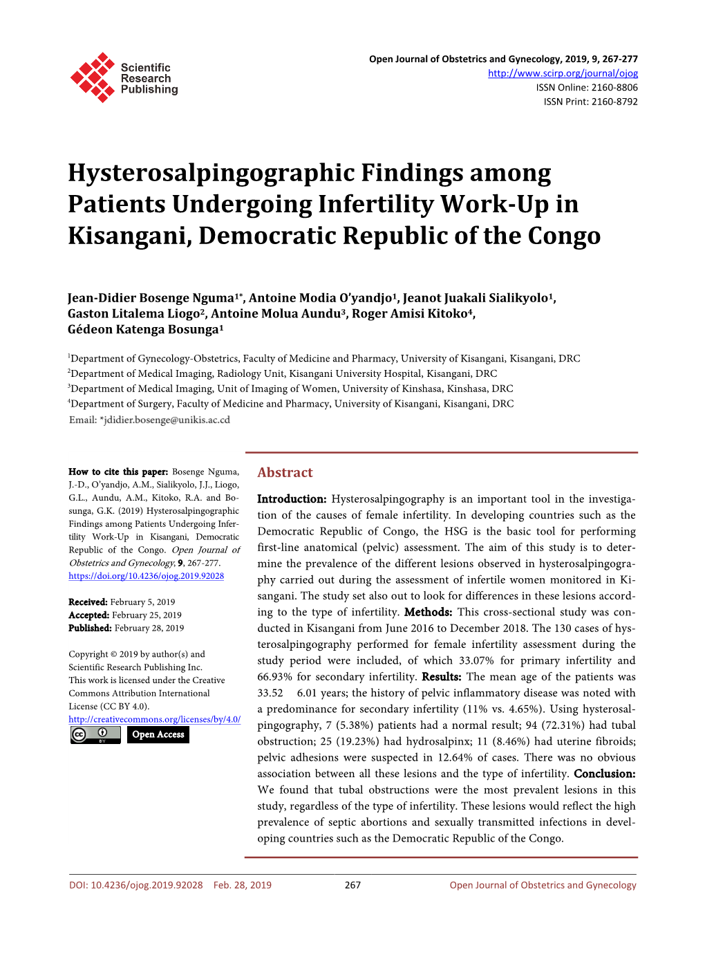 Hysterosalpingographic Findings Among Patients Undergoing Infertility Work-Up in Kisangani, Democratic Republic of the Congo