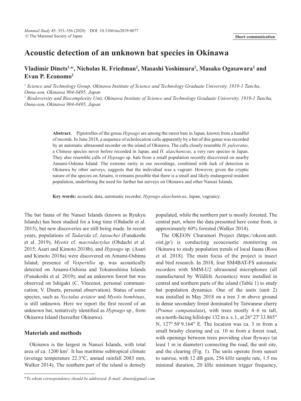 Acoustic Detection of an Unknown Bat Species in Okinawa