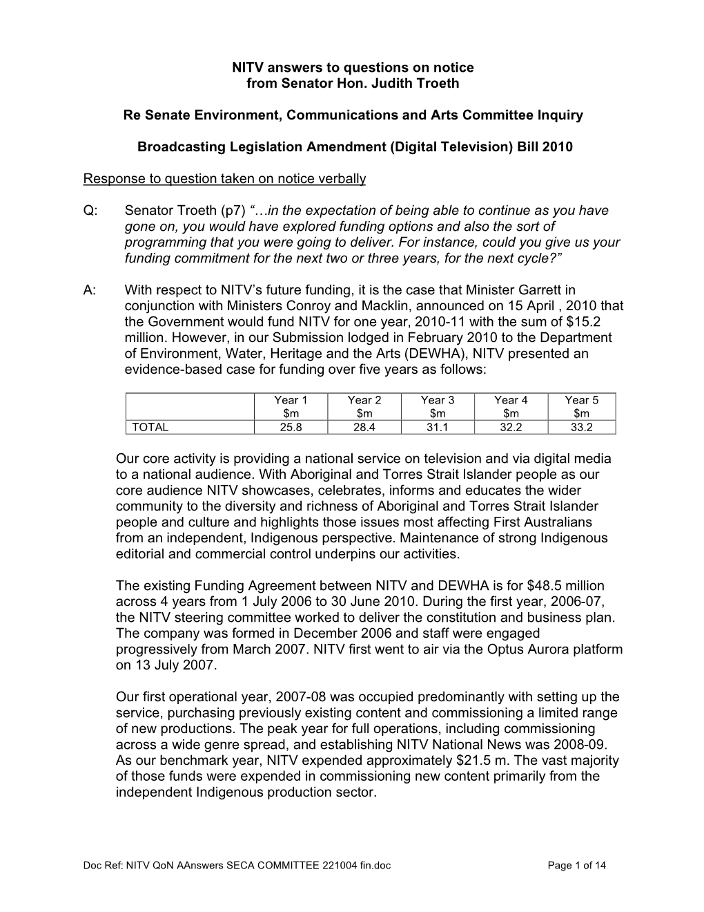 NITV Answers to Questions on Notice from Senator Hon. Judith Troeth Re