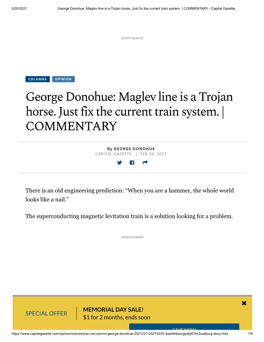 Maglev Line Is a Trojan Horse. Just Fix the Current Train System. | COMMENTARY - Capital Gazette