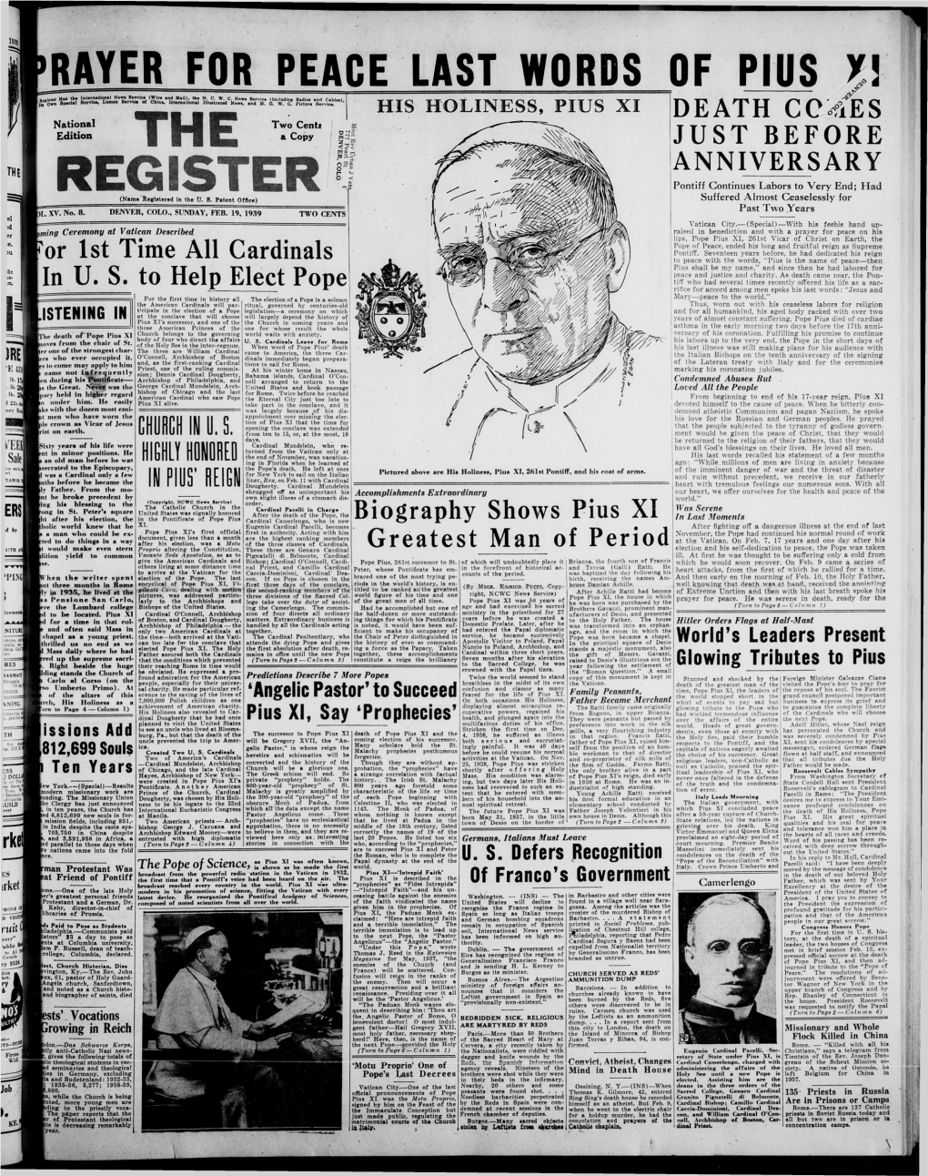 HIS HOLINESS, PIUS XI DEATH Ccfies National Two Centf S Edition the a Copy Nr!" ’J U S T B E F O R E a N .;