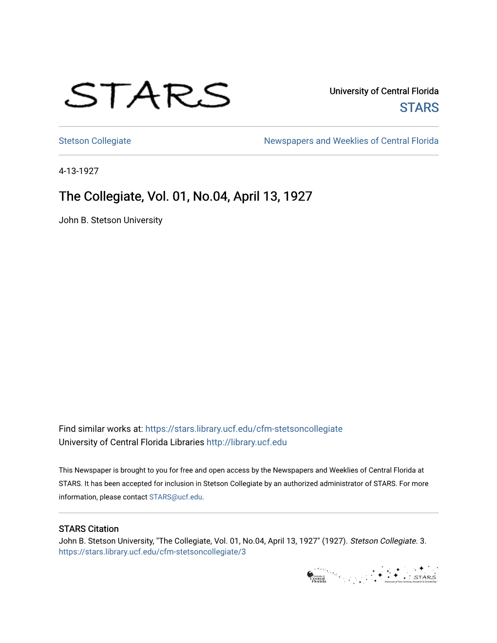 The Collegiate, Vol. 01, No.04, April 13, 1927