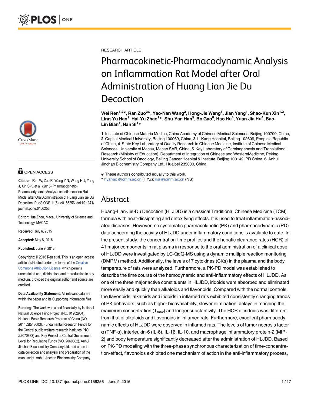 Pharmacokinetic-Pharmacodynamic Analysis on Inflammation Rat Model After Oral Administration of Huang Lian Jie Du Decoction