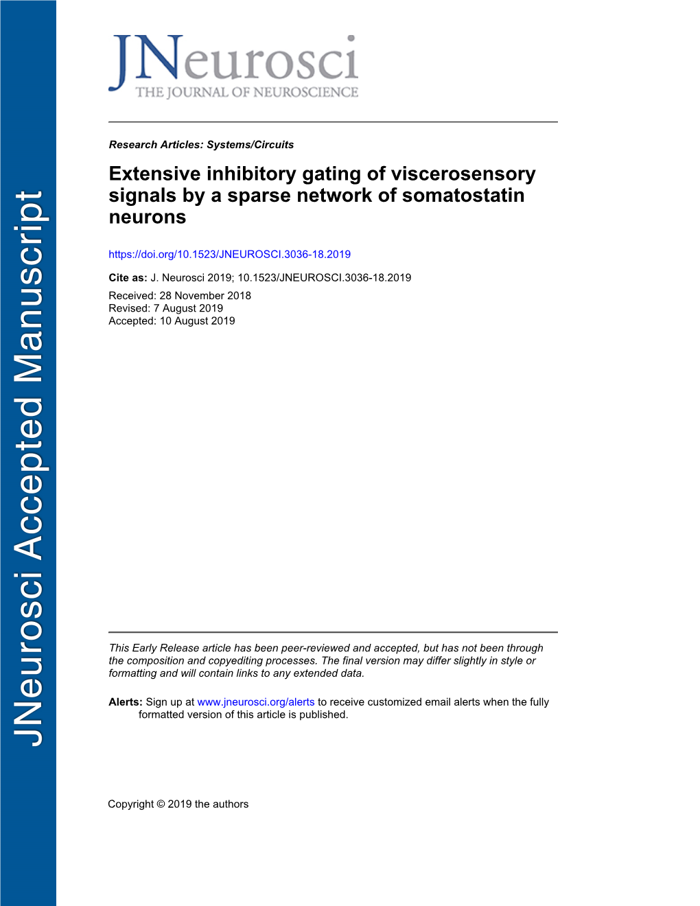 Extensive Inhibitory Gating of Viscerosensory Signals by a Sparse Network of Somatostatin Neurons