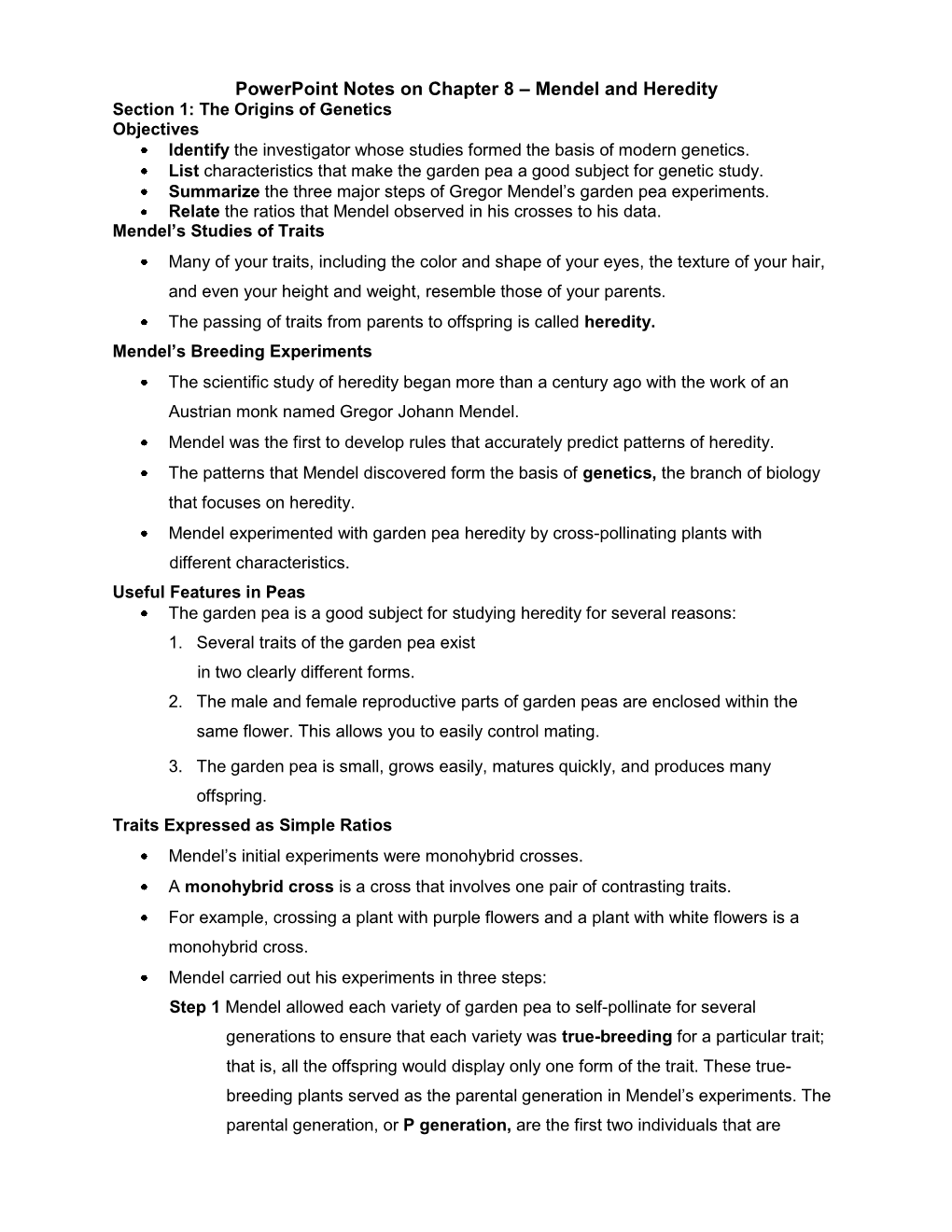 Powerpoint Notes on Chapter 8 – Mendel and Heredity