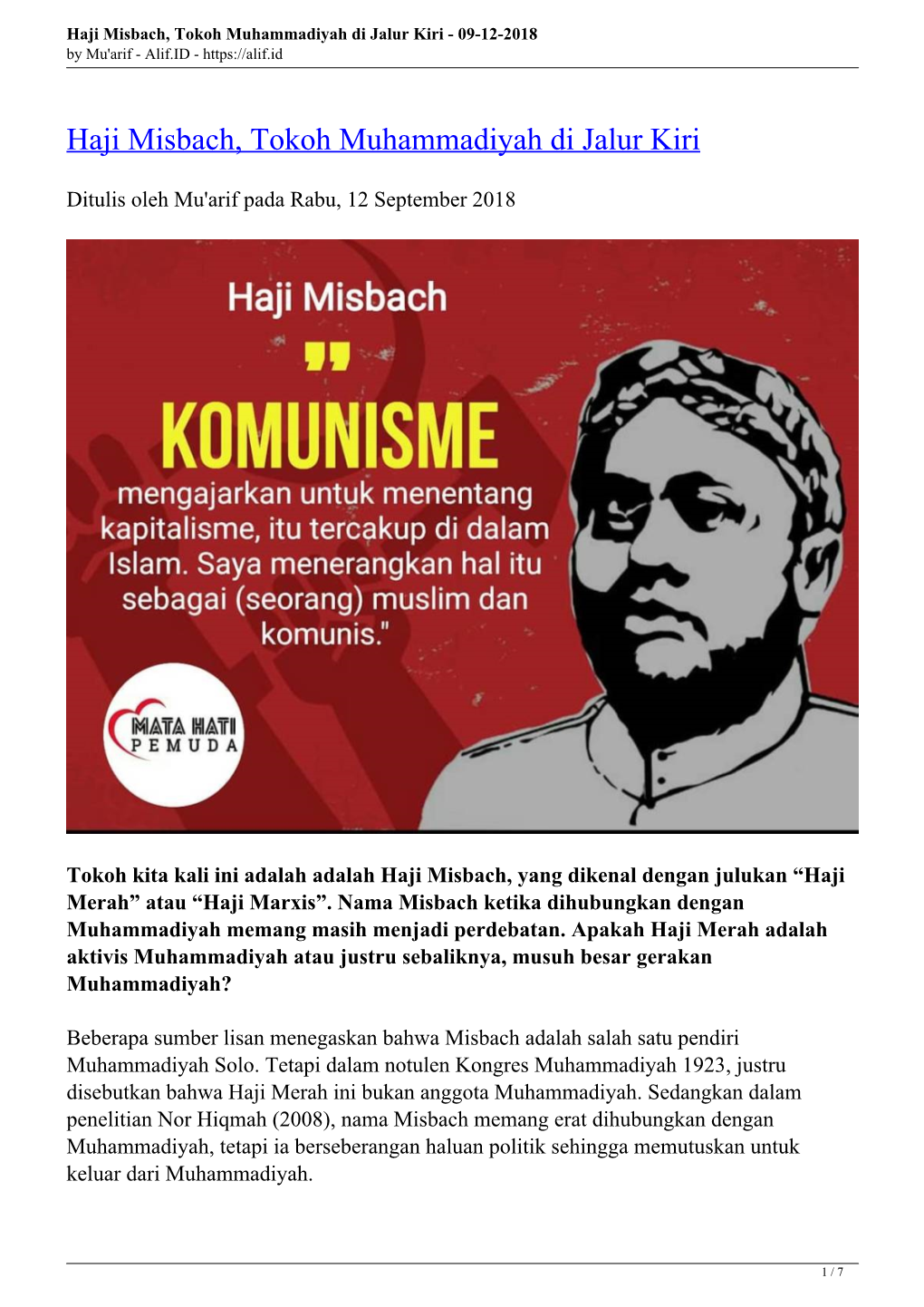 Haji Misbach, Tokoh Muhammadiyah Di Jalur Kiri - 09-12-2018 by Mu'arif - Alif.ID