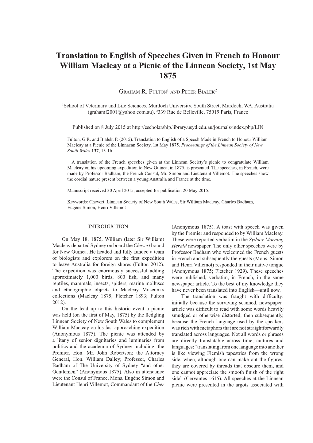 Translation to English of Speeches Given in French to Honour William Macleay at a Picnic of the Linnean Society, 1St May 1875