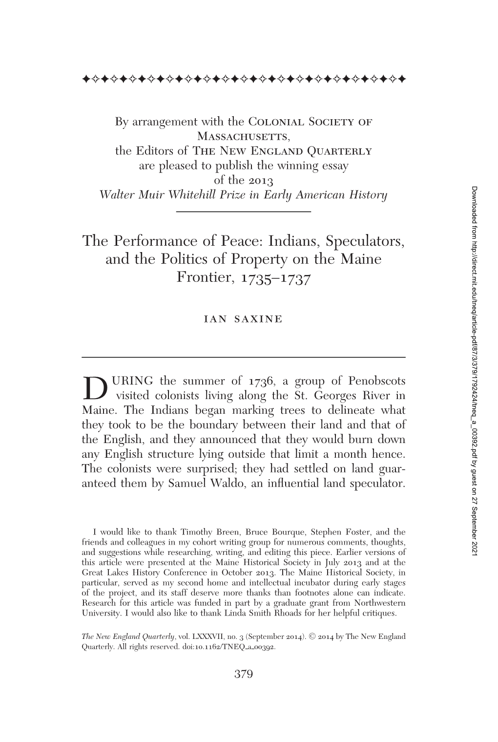 Indians, Speculators, and the Politics of Property on the Maine Frontier, 1735–1737