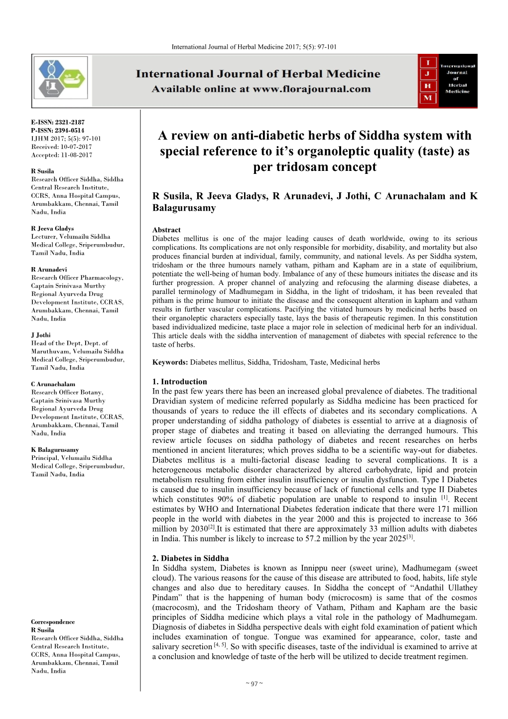 A Review on Anti-Diabetic Herbs of Siddha System with Special Reference to It's Organoleptic Quality