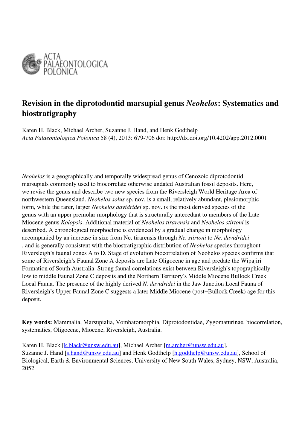 Revision in the Diprotodontid Marsupial Genus Neohelos: Systematics and Biostratigraphy