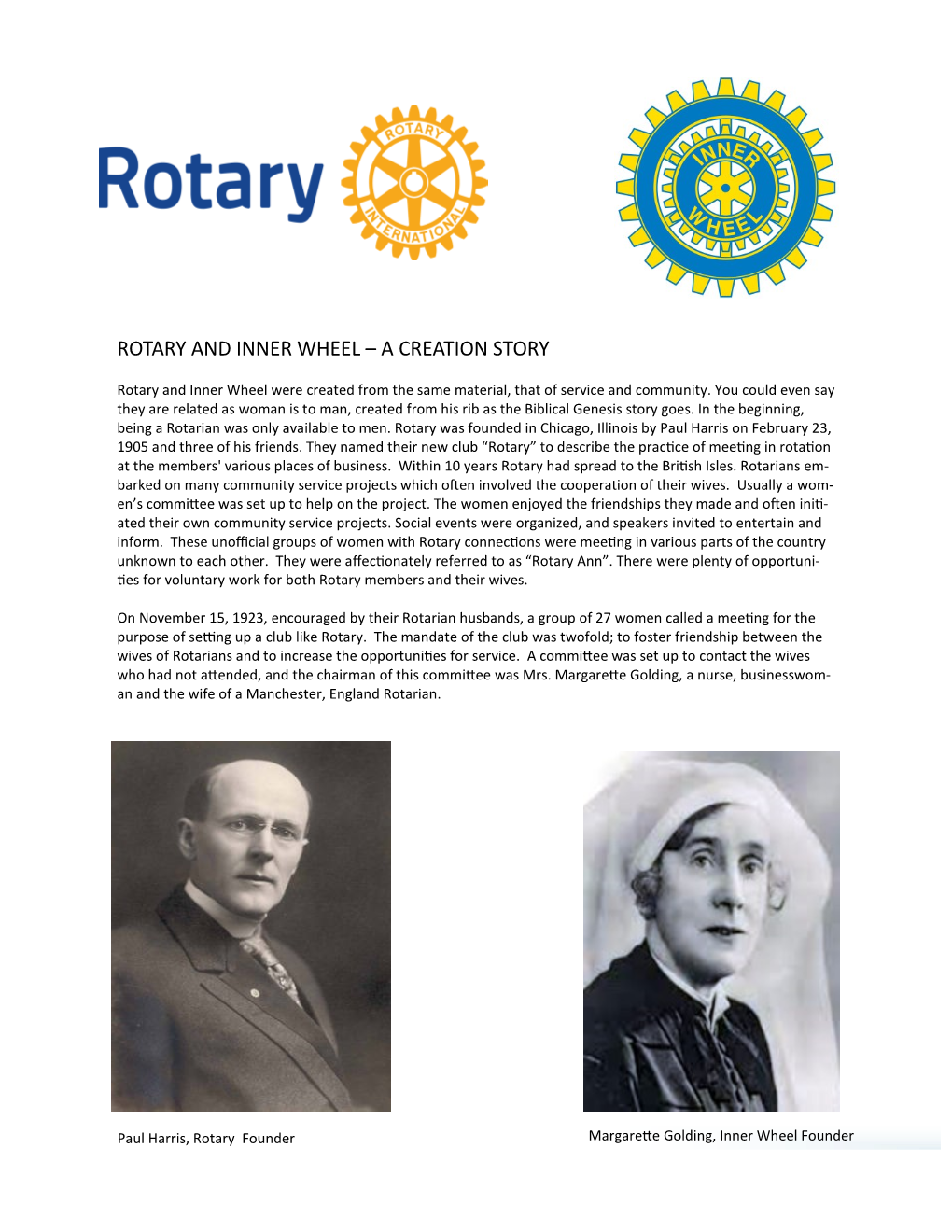 Rotary and Inner Wheel – a Creation Story