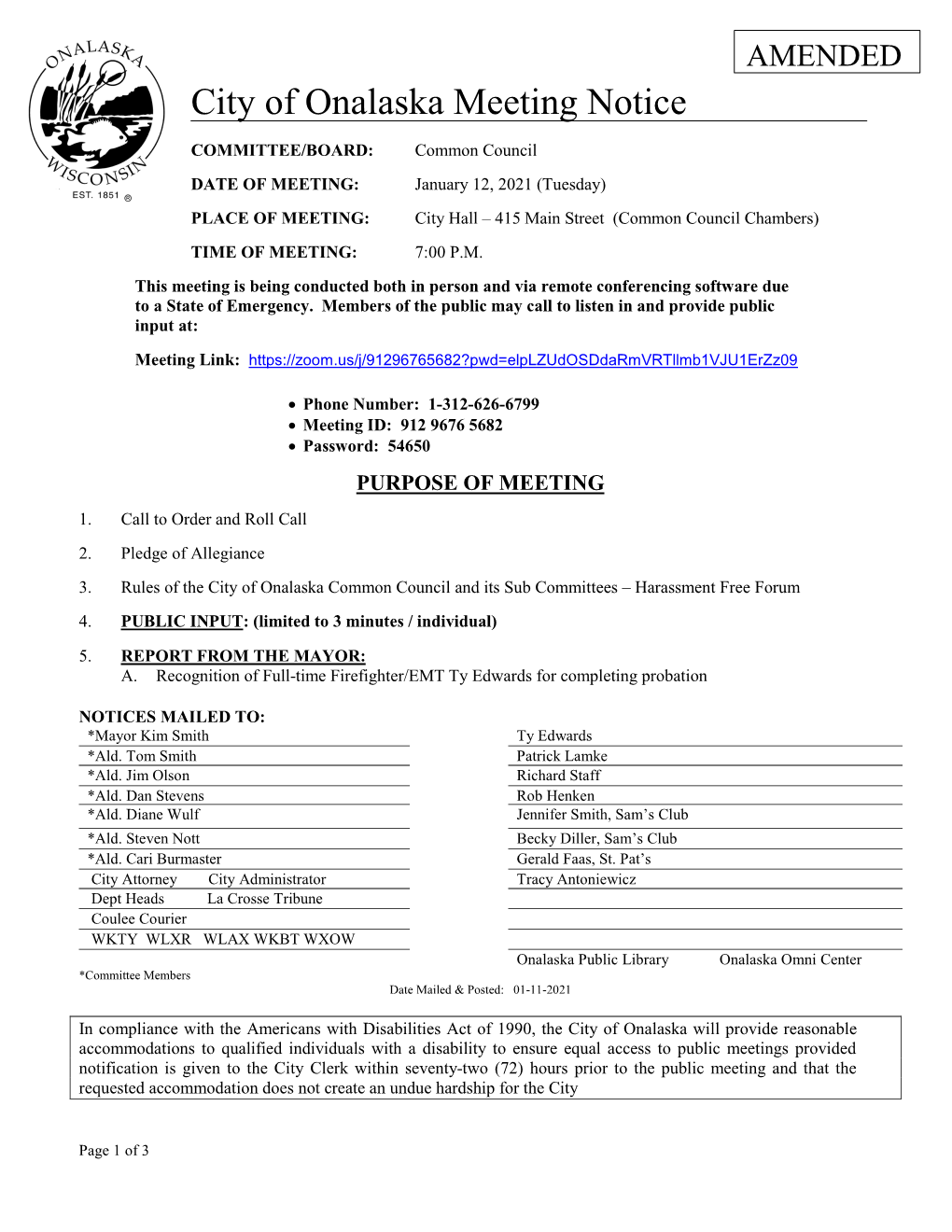 Amended Common Council Agenda