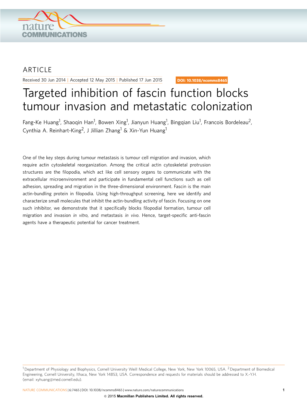 Targeted Inhibition of Fascin Function Blocks Tumour Invasion and Metastatic Colonization