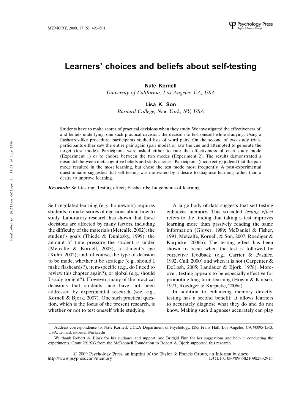 Learners' Choices and Beliefs About Self-Testing
