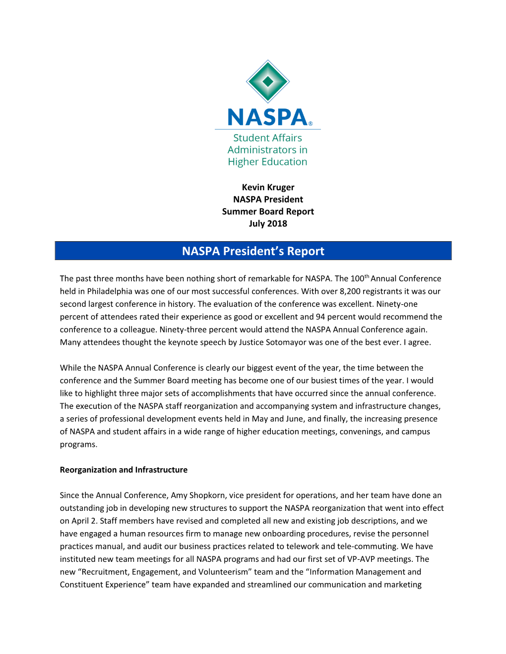 NASPA President's Report