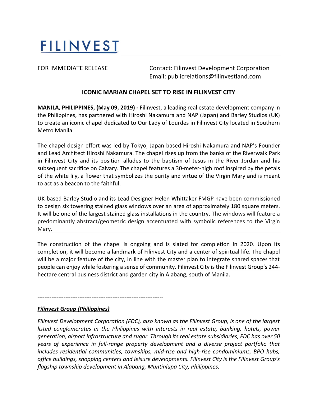 Filinvest Development Corporation Email: Publicrelations@Filinvestland.Com